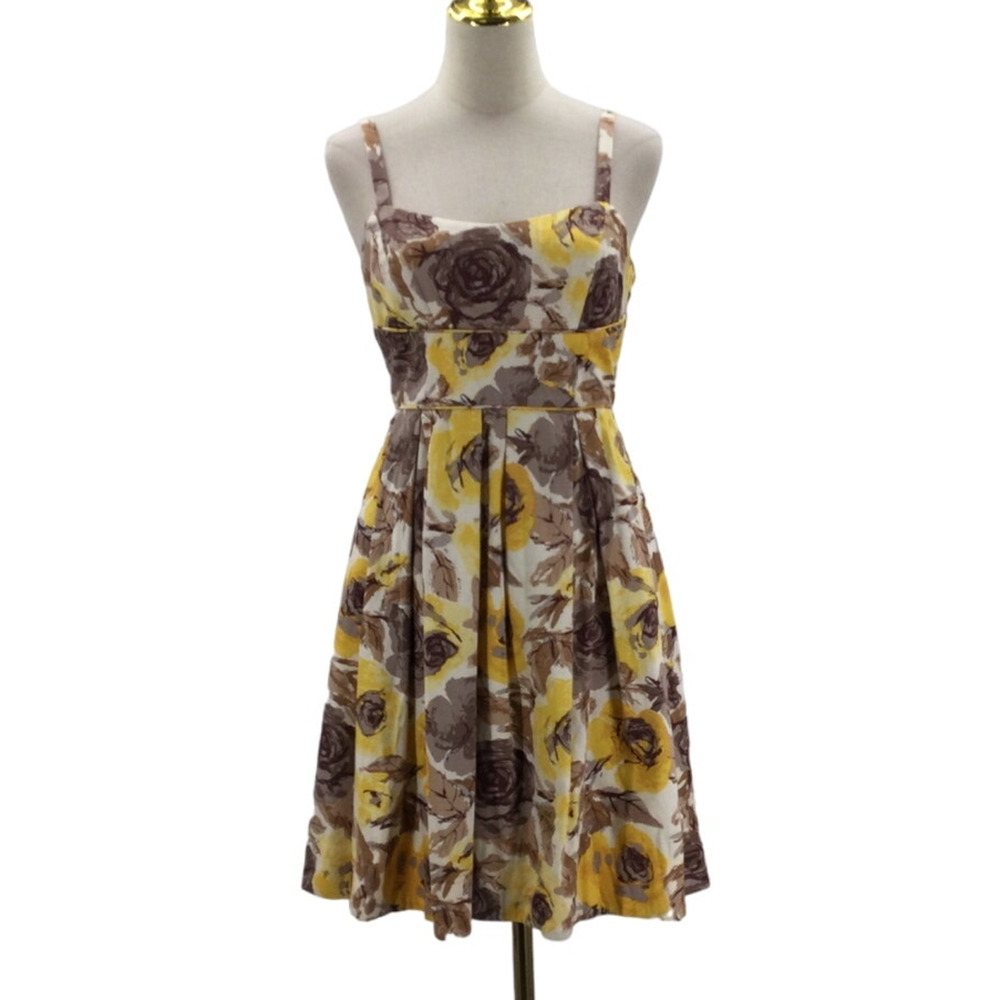 MAGGY LONDON 4P petite yellow brown cotton blend pleated knee length dress B41
